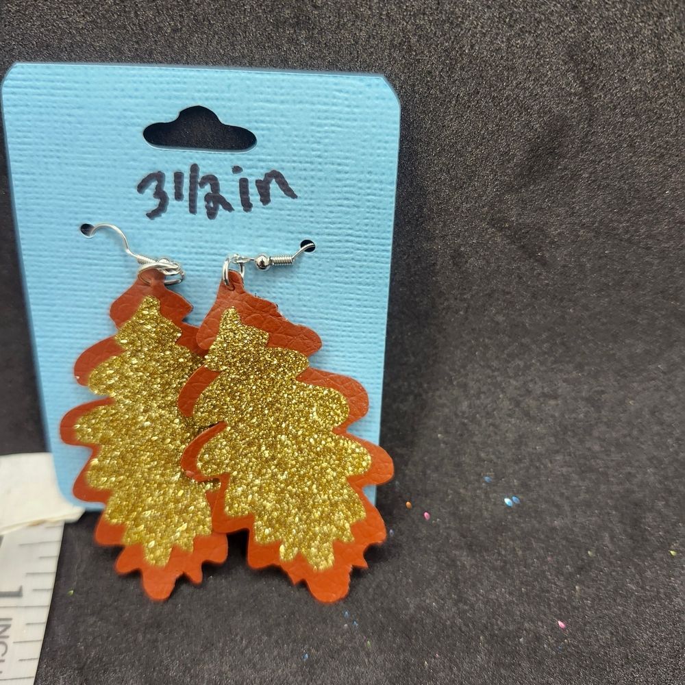 Hand Crafted Dangle Earring Faux Leather Oak Leaf Gold Glitter